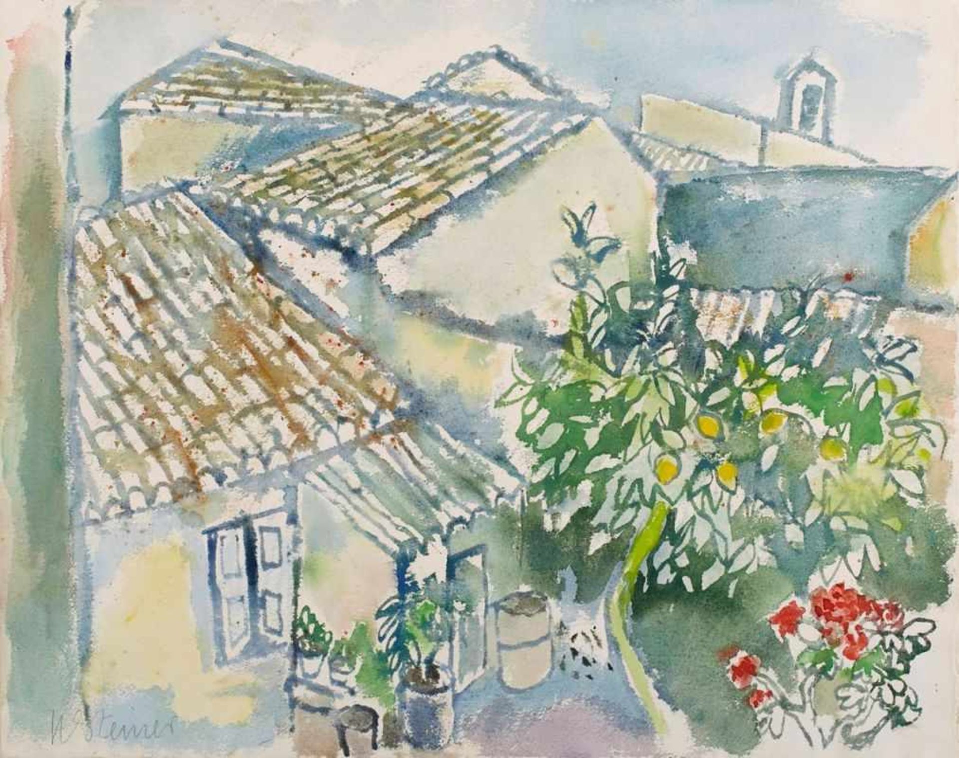 Aquarelll Heinrich Steiner1911 Kaiserslautern - 2009 Rom "Blick über die Dächer eines