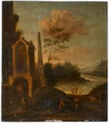 Gemälde Landschaftsmaler 18.Jh."Ideale Landschaft mit Ruinenstaffage und Personen" Öl/Lwd., 47,5 x