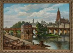 Gemälde Sign. Heinemann"Blick über die Alte Brücke auf Frankfurt" u. li. sign. Heinemann Öl/
