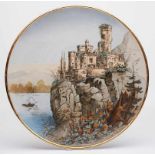 Gr. Wandteller "Burg Stolzenfels",Villeroy & Boch um 1900. Sog. "Chromolith"-Ware. Flache, rd. Form,