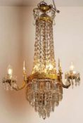 Sacklüster, Jugendstil um 1900, vergoldetes Metallgestänge, 9-flammig mit