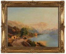 Gemälde Landschaftsmaler 19. Jh."Blick auf Schloss Chillon" verso bez. JJ. von Parten Öl/Lwd.(
