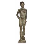 Bronze Cläre Bechtel(Frankfurt, 1905 - 1973) "Gänsemädchen", dat. 1946. Dunkel patiniert, weiß