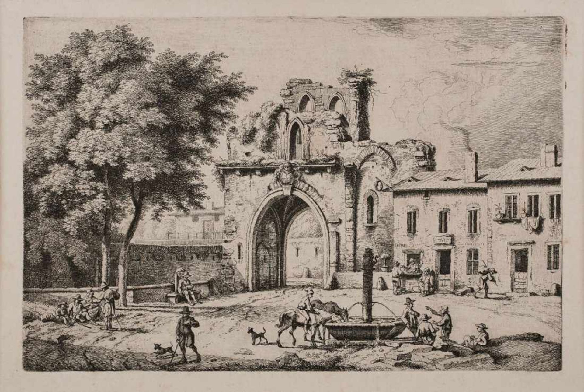 Radierung Ferdinand Kobell1740 Mannheim - 1799 München "Reisende auf einem Platz mit Brunnen" 1773