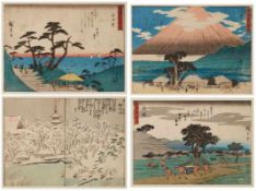 4 Farbholzschnitte Hiroshige Ando1797 - 1858 "Aus: Die 53 Stationen des Tokaido" 21 x 15,5 cm - 21 x