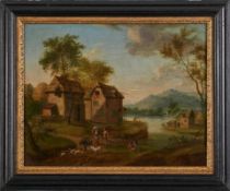 Gemälde Landschaftsmaler 18. Jh."Idyllische Flusslandschaft mit Staffage" Öl/Lwd., 44 x 56 cm