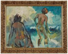 Gemäldewohl Tschechischer Figurmaler um 1950 "2 Akte am Meer" u. re. schwer lesbar signiert Öl/