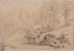Bleistiftzeichnung Franz Reichold1816 - 1893 "Bewaldete Landschaft mit kl. Kapelle" u. li. m.