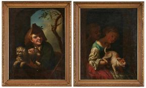 Paar Gemälde Genremaler 18. Jh."Kinderbildnisse mit Schoßtieren" Öl/Lwd.(doubl.), 83 x 64 cm