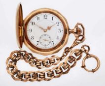 Taschenuhr Système Glashütte, um 1900.14 kt RG mit rot-vergoldeter Uhrenkette, 3-tlg. Emaille-