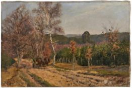 Gemälde Genremaler um 1900"Pferdefuhrwerk" Öl/Lwd., 62,7 x 41,3 cm,o. R., Defekte