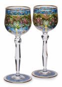 Paar Rotweingläser, Jugendstil, um 1900.Farbloses Glas, geschliffen u. bunt/ gold bemalt.