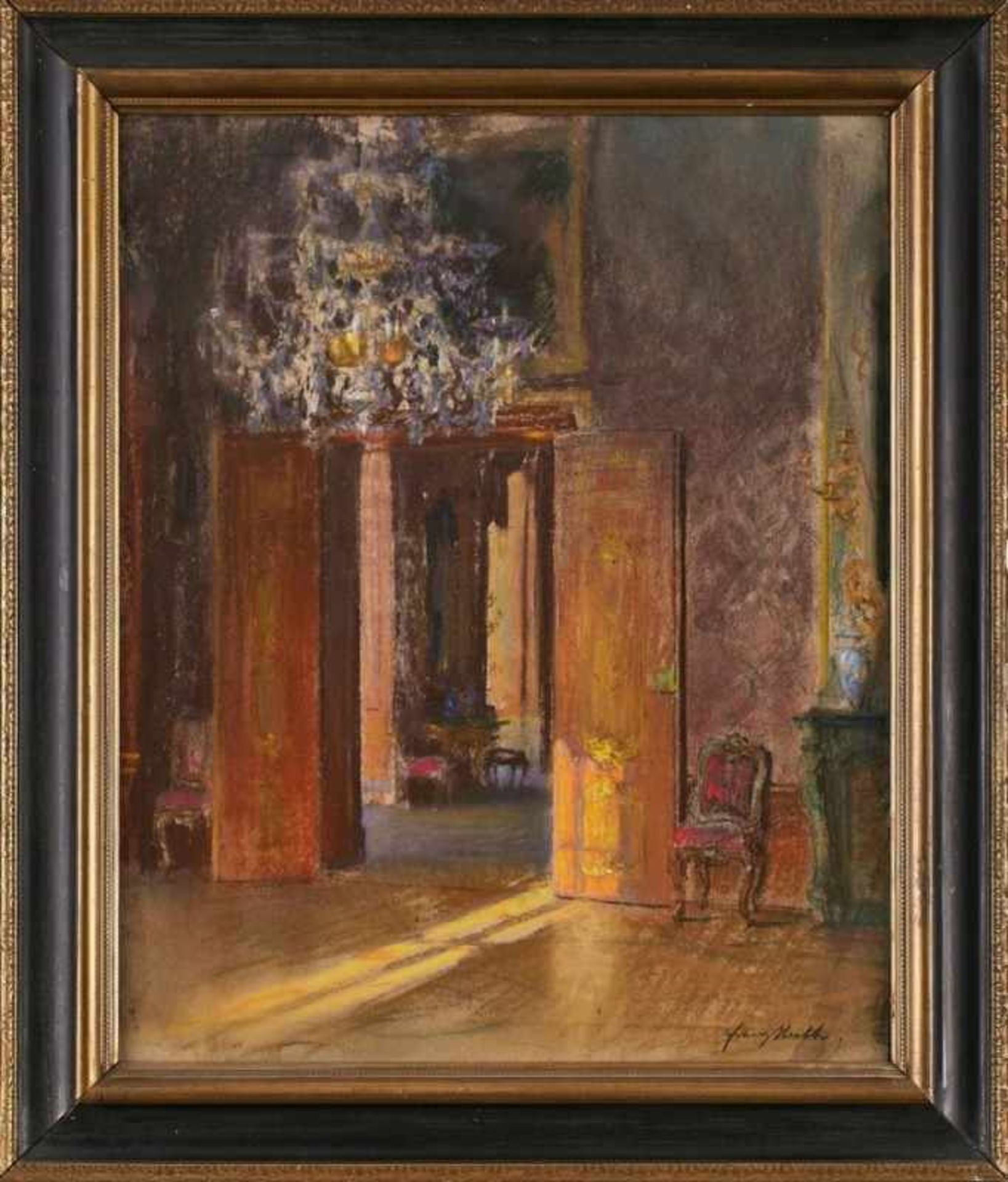 Pastellkreidezeichnung, weiß gehöhtFranz Huth 1876 Pößneck - 1970 Weimar "Schlossinterieur" u. re.