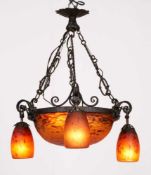 Deckenlampe, Daum Nancy m.Lothringer Kreuz um 1920-30. Orange/ braun geflecktes Glas m.