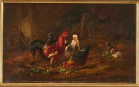 Gemälde Wohl Louis Reinhardt1849 Plauen - 1870 Traunsee "Geflügel" u. re. sign L. Reinh. Öl/Lwd.,