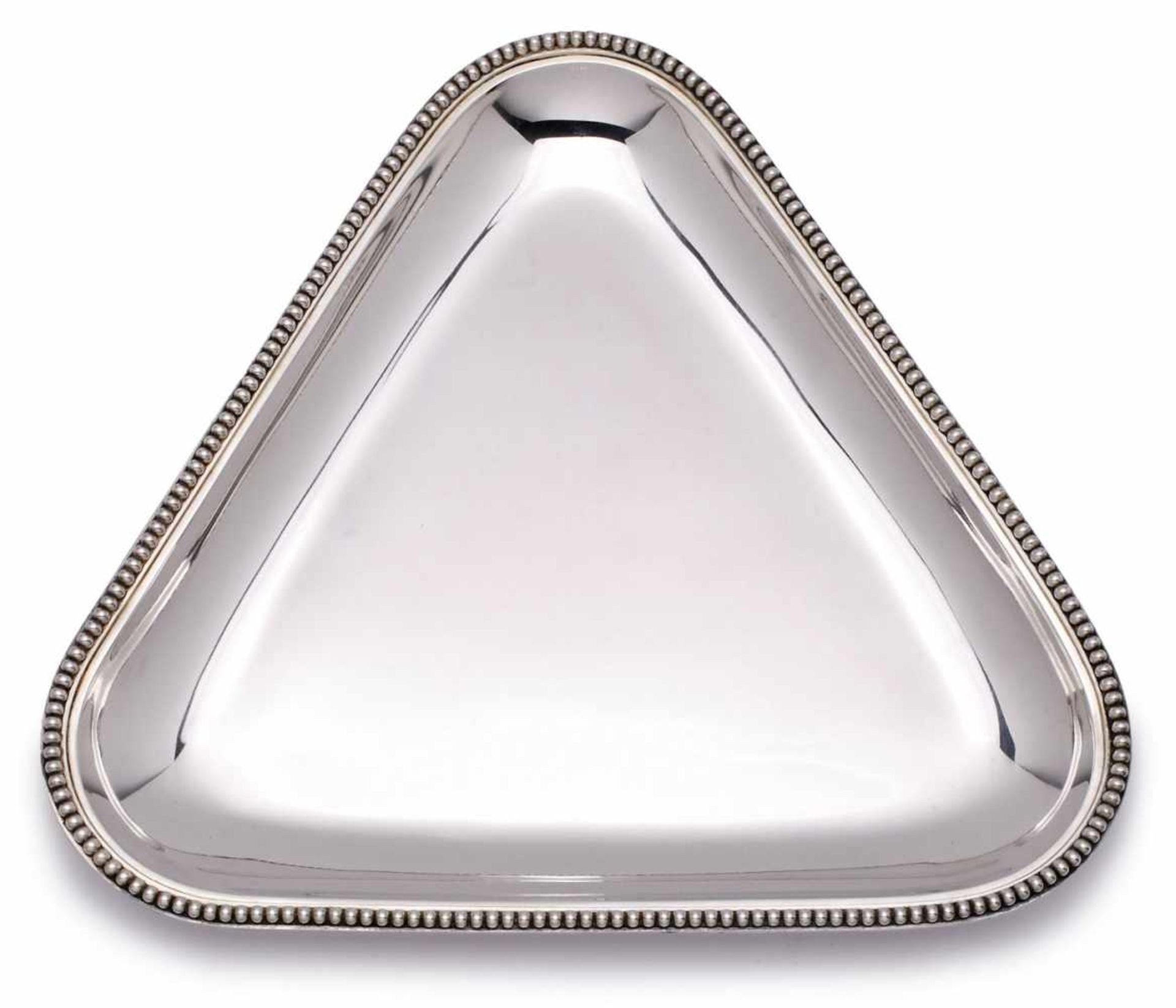 Dreieckige Schale, deutsch wohl um 1940.800er Silber. Marke "MF" (wohl Mayer & Fuchs, Pforzheim),