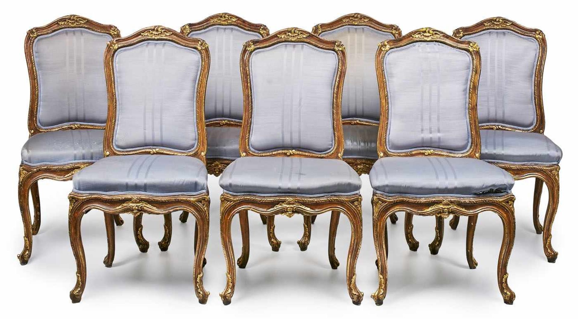 Satz v. 7 Louis-XV-Stil-Stühlen, Frankreich19. Jh. Geschweiftes profiliertes massiv Buche-Gestell m.
