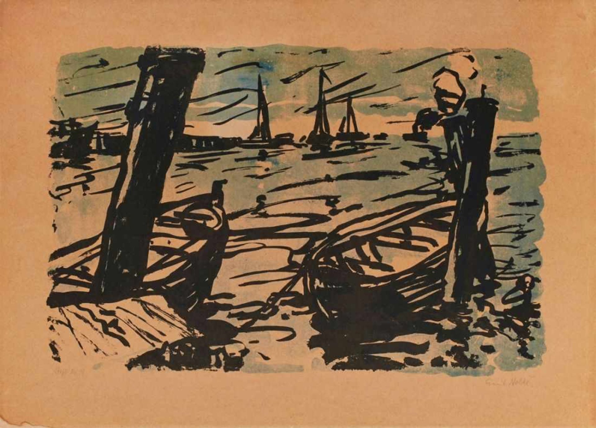 Farblithografie Emil Nolde1867 Nolde - 1956 Neukirchen "Boote" 1907 u. re. sign. Emil Nolde u. li.