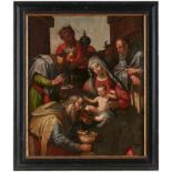 Gemälde Flämisch um 1600"Anbetung des Christuskindes" Öl/Holz (Eichentafel/teils parkettiert), 62,
