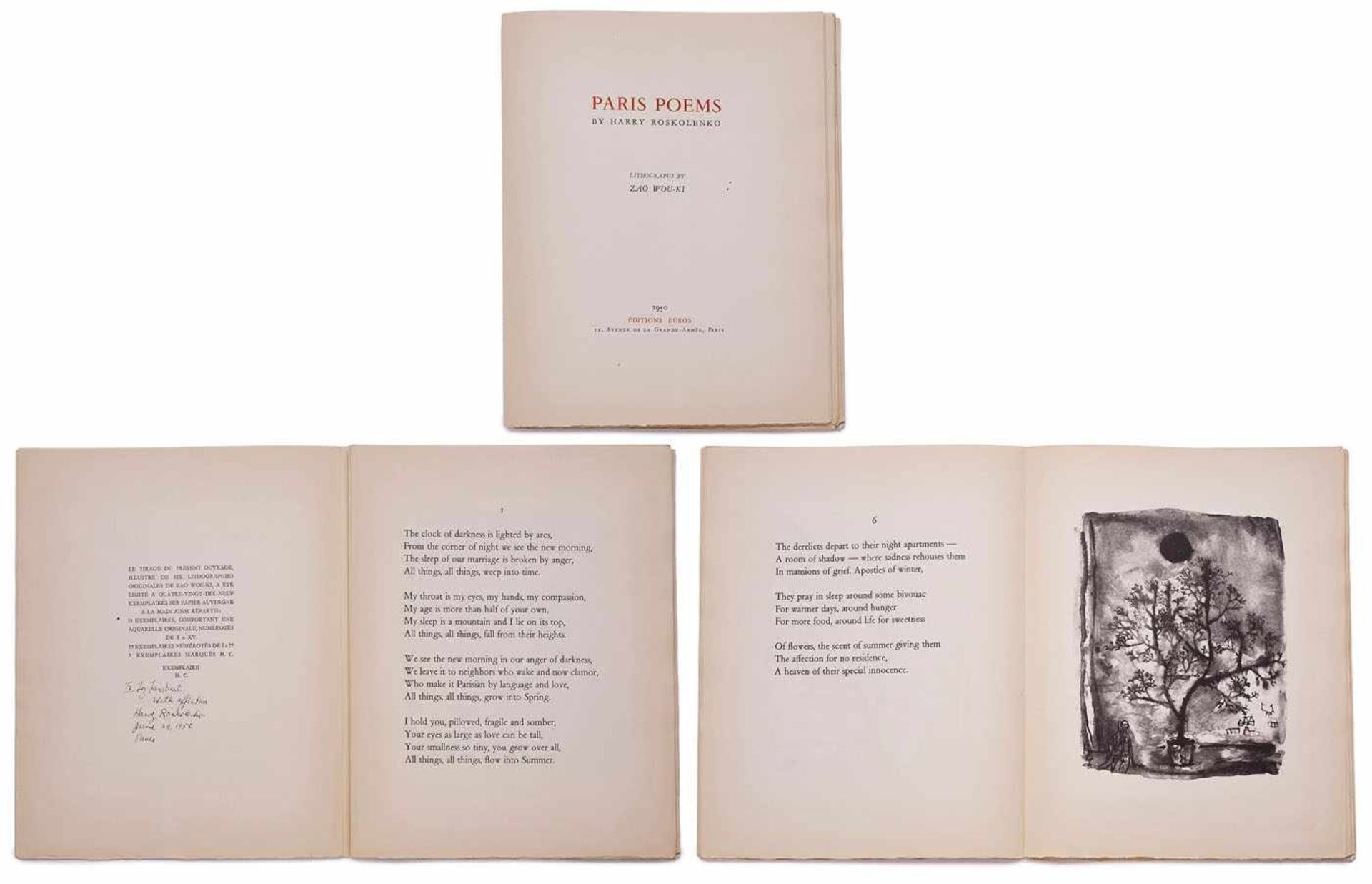 Band Harry Roskolenko"Paris Poems" Éditions Euros, Paris 1950. mit: 6 Lithografien von Zao Wou-Ki