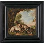 Gemälde Jagdmaler des 18. Jh."Jagdhunde vor weiter Landschaft" Öl/Lwd. (doubl.), 23 x 24,5 cm- - -