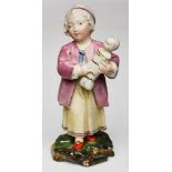 Mädchen mit Puppe, Höchst 18. Jh. Standfigur m. Haube, in d. Armen eine gewickelte Puppe. Auf kl.