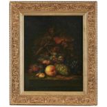 Gemälde Stillebenmaler 19.Jh"Tischstillleben mit Apfel, Trauben und Walnuss" Öl/Lwd., 48 x 38 cm,