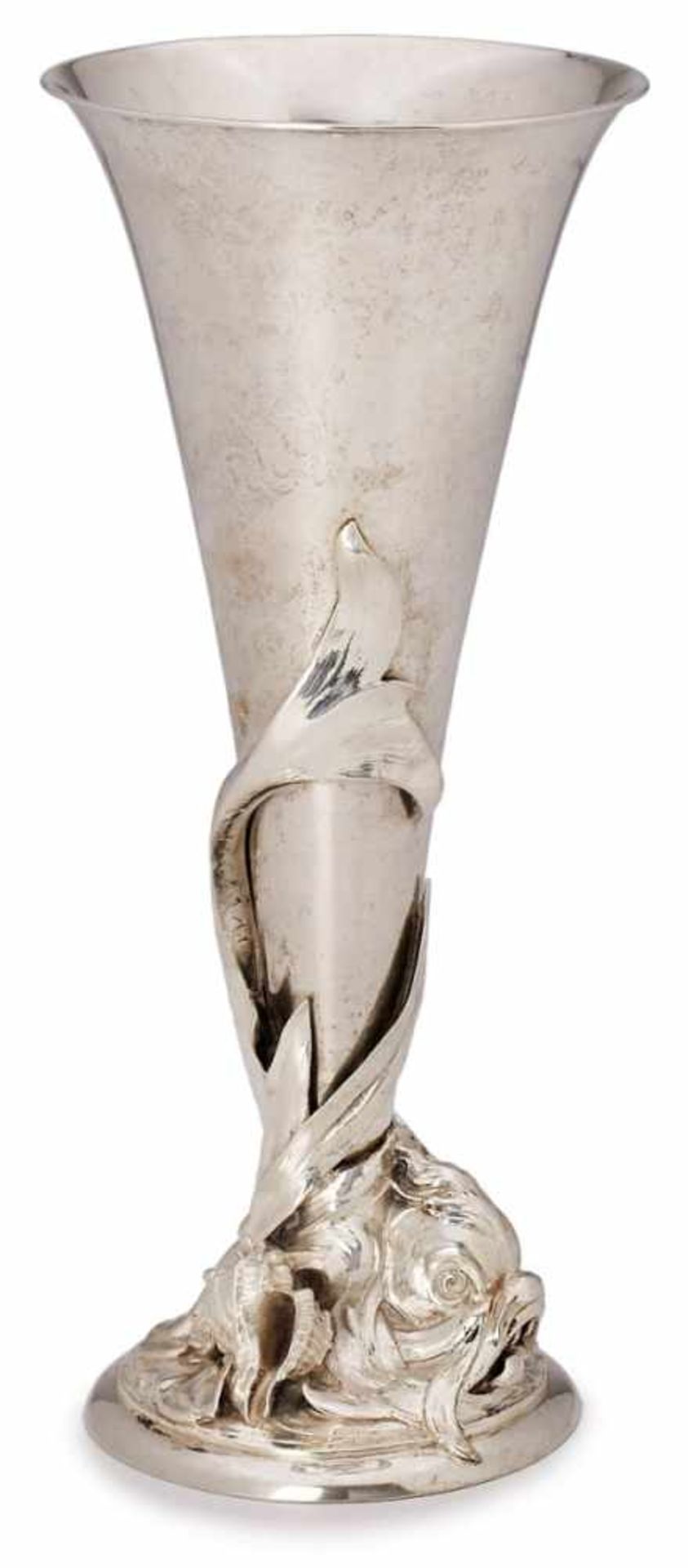 Kelchvase mit Fisch, Jugendstil,Bruckmann um 1900. 800er Silber. Glatter, Trompetenförm. Kelch, d.