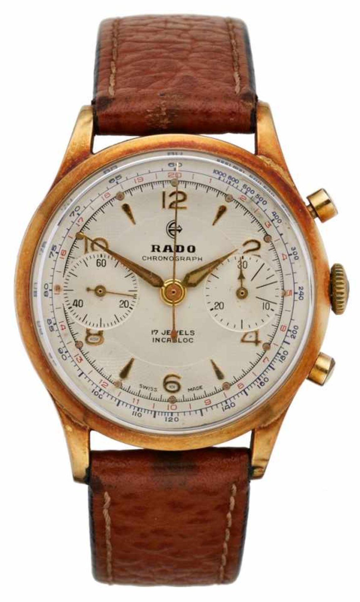 Herrenarmbanduhr/Chronograph Rado17 Jewels Incabloc, Schweiz um 1960. 14kt GG-Gehäuse, Handaufzug,