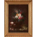 Gemälde Niederlande 17. Jh."Blumenstillleben mit Früchten" Öl/Lwd., 60 x 43 cm- - -22.00 % buyer's
