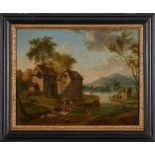 Gemälde Landschaftsmaler 18. Jh."Idyllische Flusslandschaft mit Staffage" Öl/Lwd., 44 x 56 cm- - -