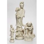 Satz von 3 versch. Blanc de Chine-Figuren,China wohl 20. Jh. Weiss glasiert. Jew. mytholog. Figur in