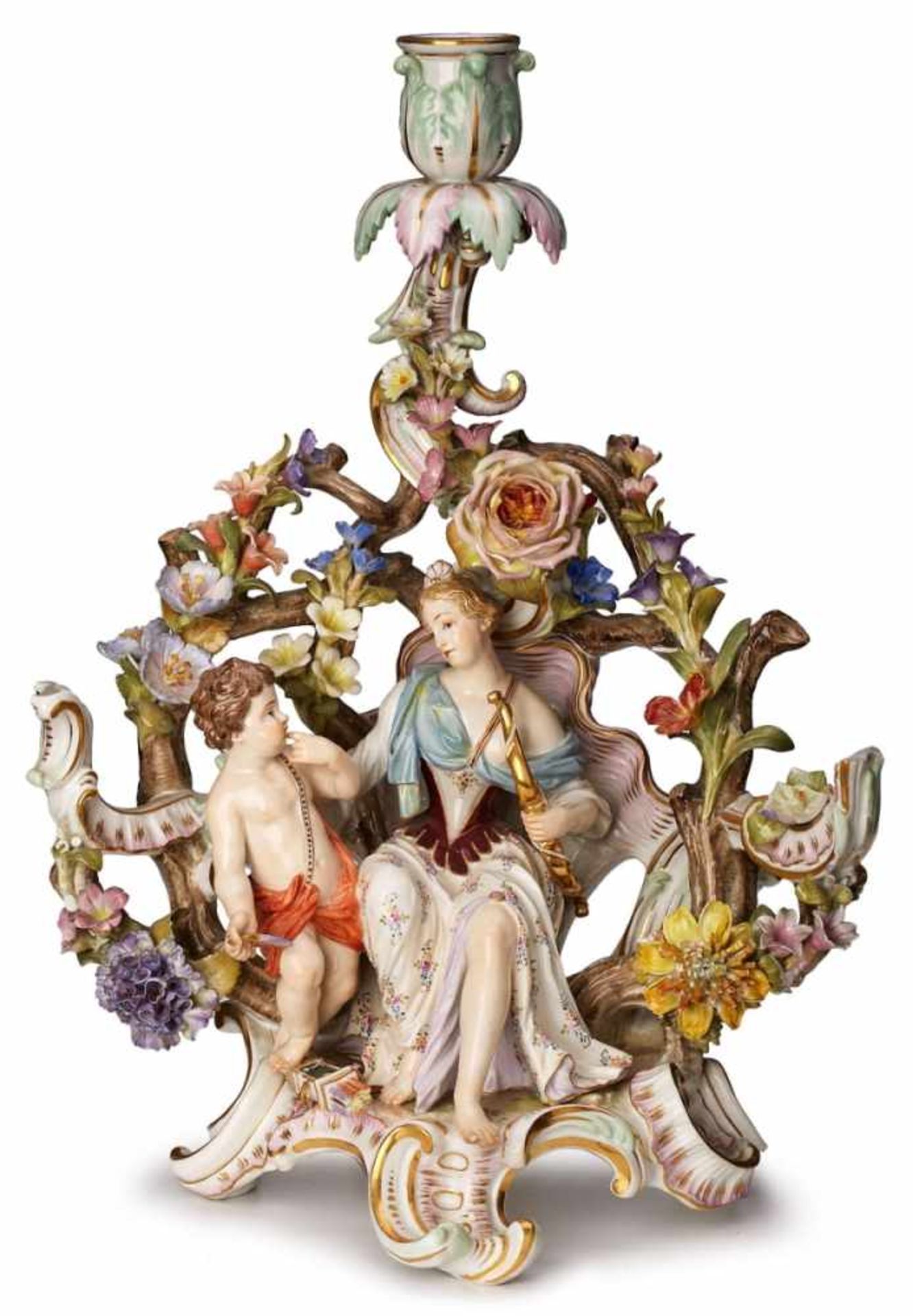 Leuchter "Diana und Amor",Meissen um 1860. Gr. Nischen-Aufbau aus Muschel u. Rankenwerk m. reichem