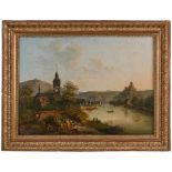 Bilderuhr Landschaftsmaler 19.Jh"Romantische Rheinlandschaft mit Staffage" Öl/Lwd., 66 x 84 cm