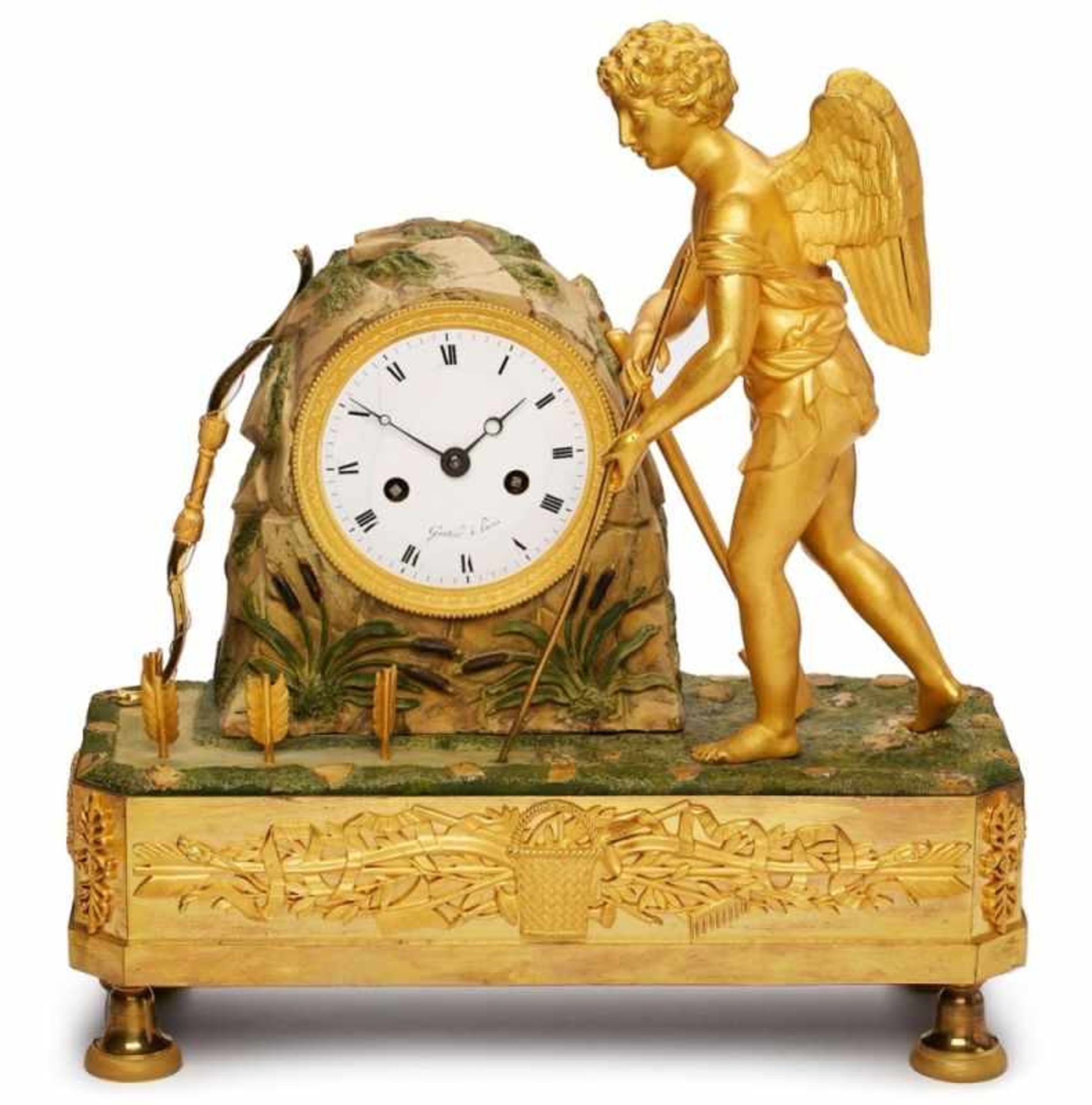 Empire-Figurenuhr"Amor säht Liebespfeile", Paris um 1810. Bronze, feuervergoldet, partiell grün