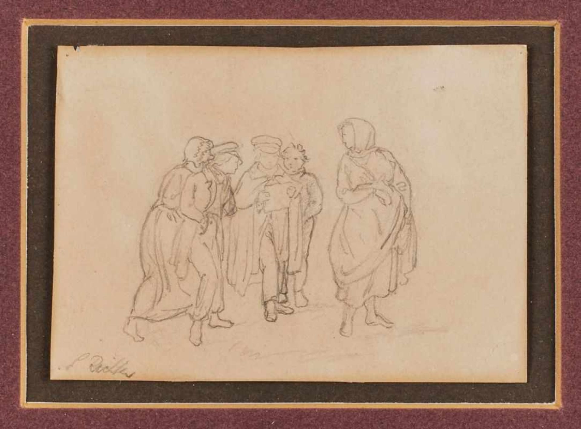 Bleistiftzeichnung Adrian Ludwig Richter1803 Dresden - 1884 Dresden "Figurengruppe mit Studenten und