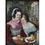 Porzellanbild, 1. H. 19. Jh.Zwei junge Frauen bei der Brotzeit im Biergarten, im Hintergrund der