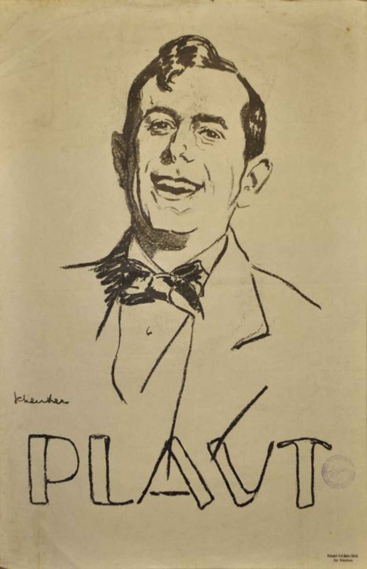 Schenker sign.Veranstaltungsplakat "PLAVT" (Schauspieler Joseph Plaut). Um 1916. Lithographie, i.
