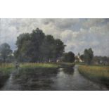 Schoyerer, Joseph. 1844 Berching-1923 MünchenSommerliche Landschaft mit Angler in Flussaue, in der