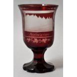 Andenkenglas, Böhmen, Mitte 19. Jh.Fußbecher, farbloses Glas mit Rotbeize, Mattschnitt-Ansichten von