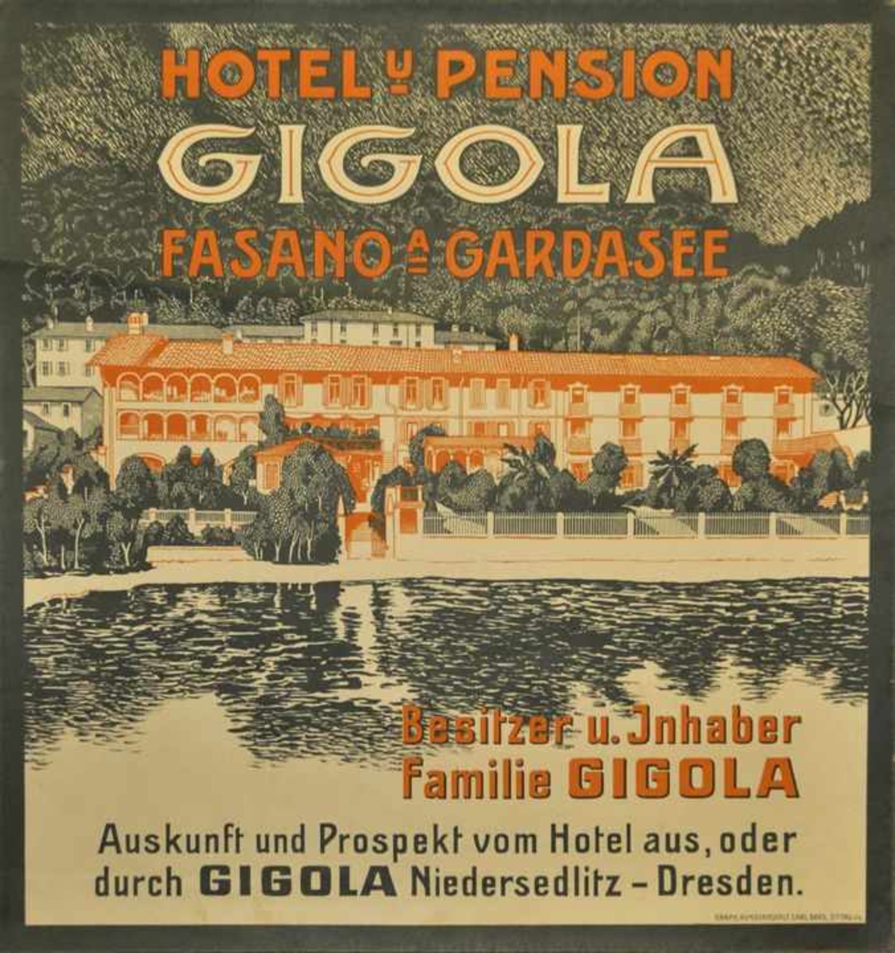 Plakat "Hotel und Pension Gigola - Fansano a. Gardasee". Um 1910/15. Farblithographie,Druck Graph.