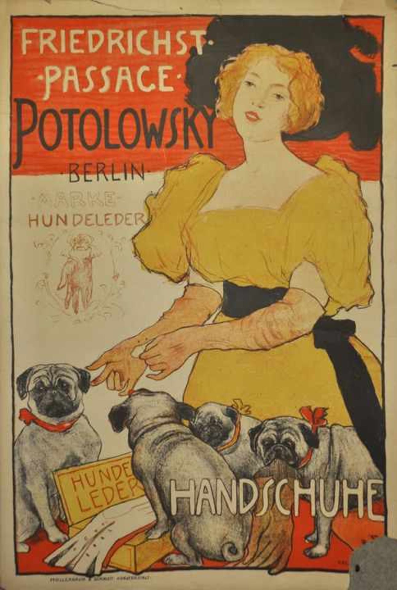 Orlik, Emil. 1870-1932Plakat "Potolowsky Hundeleder-Handschuhe". Ca. 1900. Farblithographie, i.