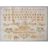 Stickmustertuch, Deutschland, dat. 1853Plattstich-Stickerei auf Baumwolle. Alphabet, Zahlen, Kronen,