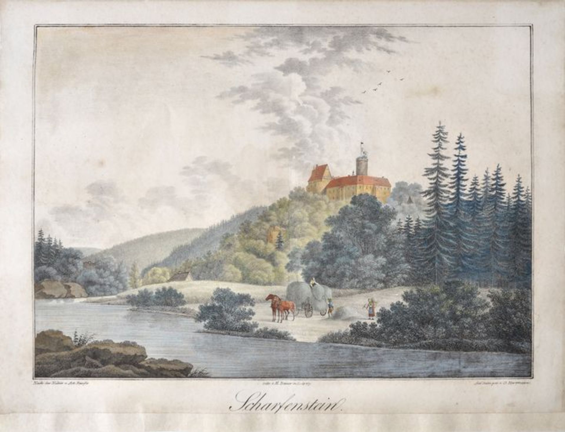 Ansicht der Burg Scharfenstein im Erzgebirge, um 1840Lithographie, alt kol., im unt. Blattrand