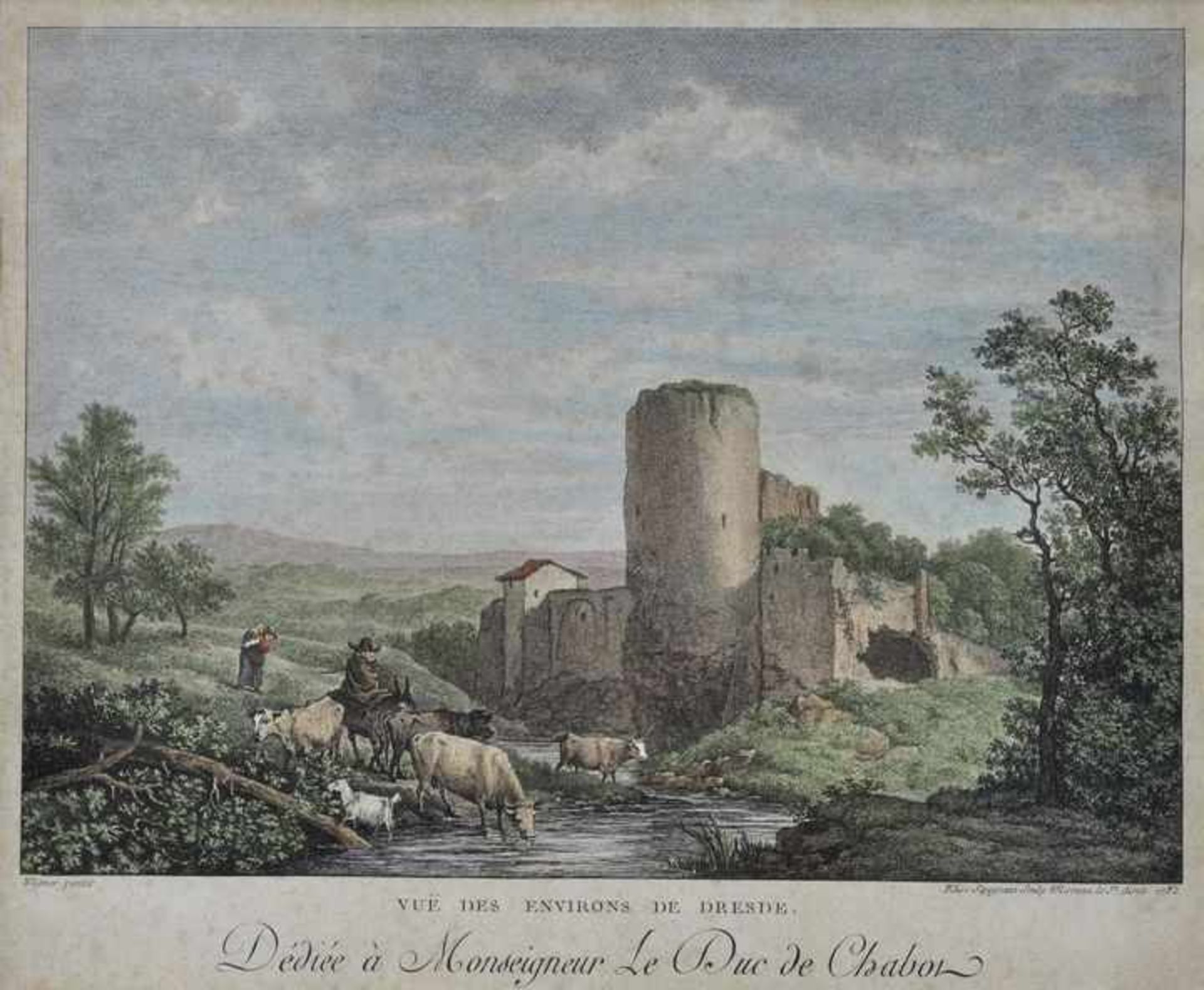 Saugrain, Elise. Geb. 1753, war tätig in Paris"Vue des environs de Dresde" (Ideallandschaft mit