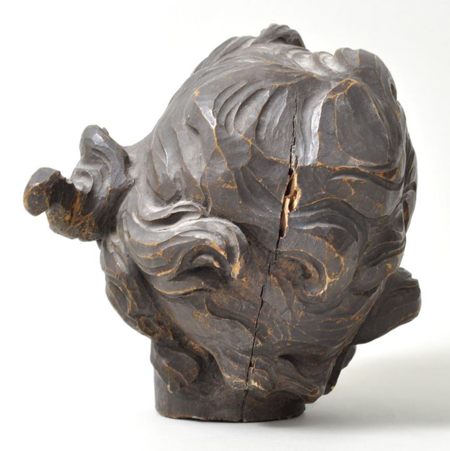 Kopf eines Putto, BarockstilHolz, vollpllastisch geschnitzt, braun gefasst. Rückseite gerissen, - Bild 2 aus 2