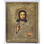 Ikone, russisch, um 1900 (?)Christus Pantokrator. Temperamalerei (oder Druck) auf Holz, versilbertes
