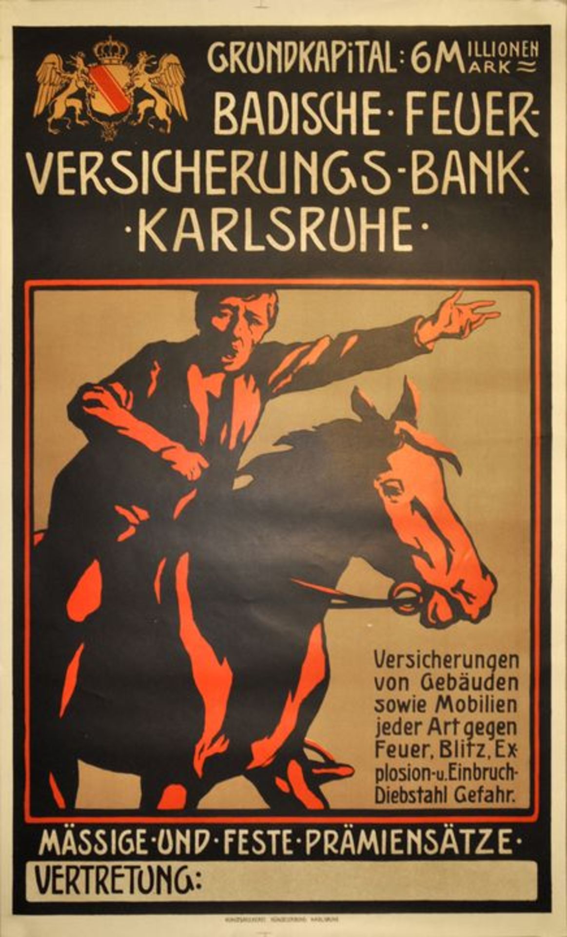 Plakat "Badische Feuer-Versicherungs-Bank Karlsruhe", um 1910. Farbsiebdruck (o.Lithographie), Druck