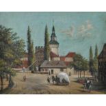 Fröhlich, W. Tätig 19. Jh.Ansicht einer Stadt mit klassizistischem Stadttor, Zollhaus und Kirche. Um