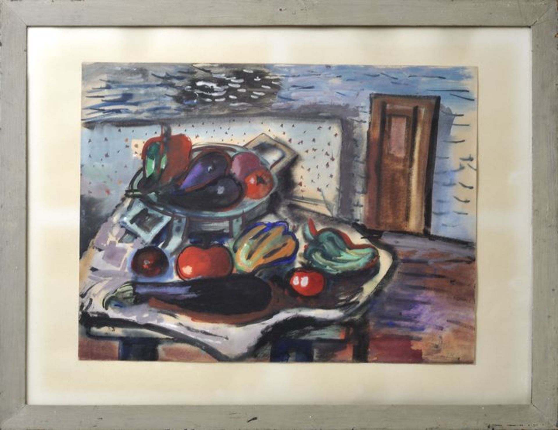 Kuhn, Hans. 1905-1991 Baden-Baden.Stillleben mit Gemüse in Interieur. 1944. Aquarell, re. u. sign. - Bild 2 aus 2